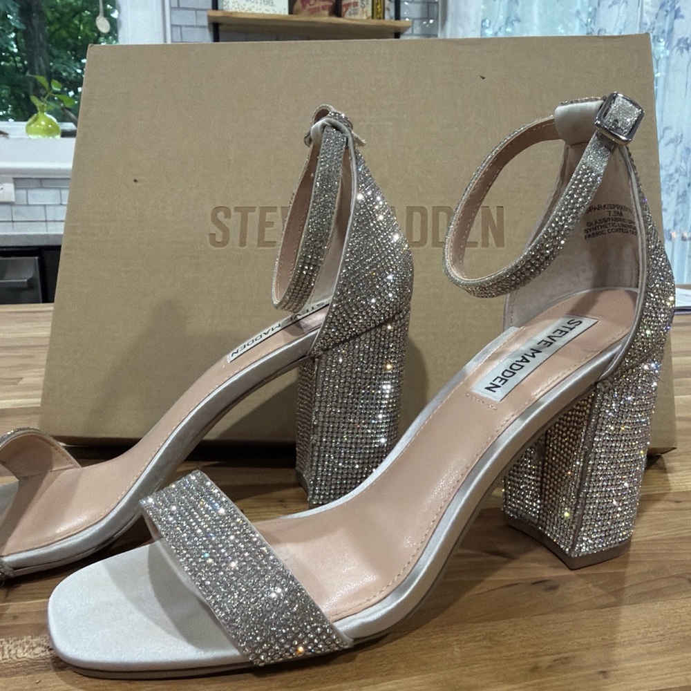 Steve Madden Silver Crystal Block Heels with Ankle Strap